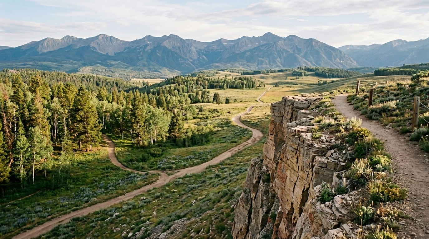 A mountain path winding through meadow and forest