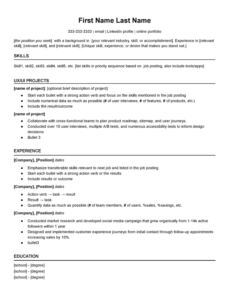 One-column resume format